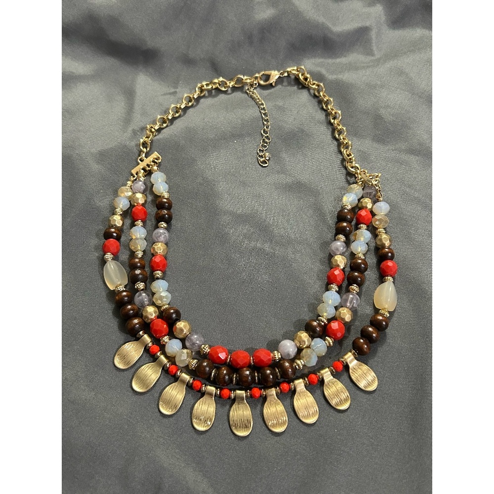Multi-Strand Fashion Necklace Red Gold and Natural